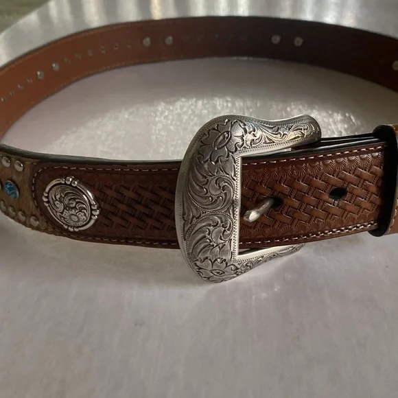 NOCONA Western Leather Belt with Silver Buckle, Rhinestones and calf hair Sz 38
